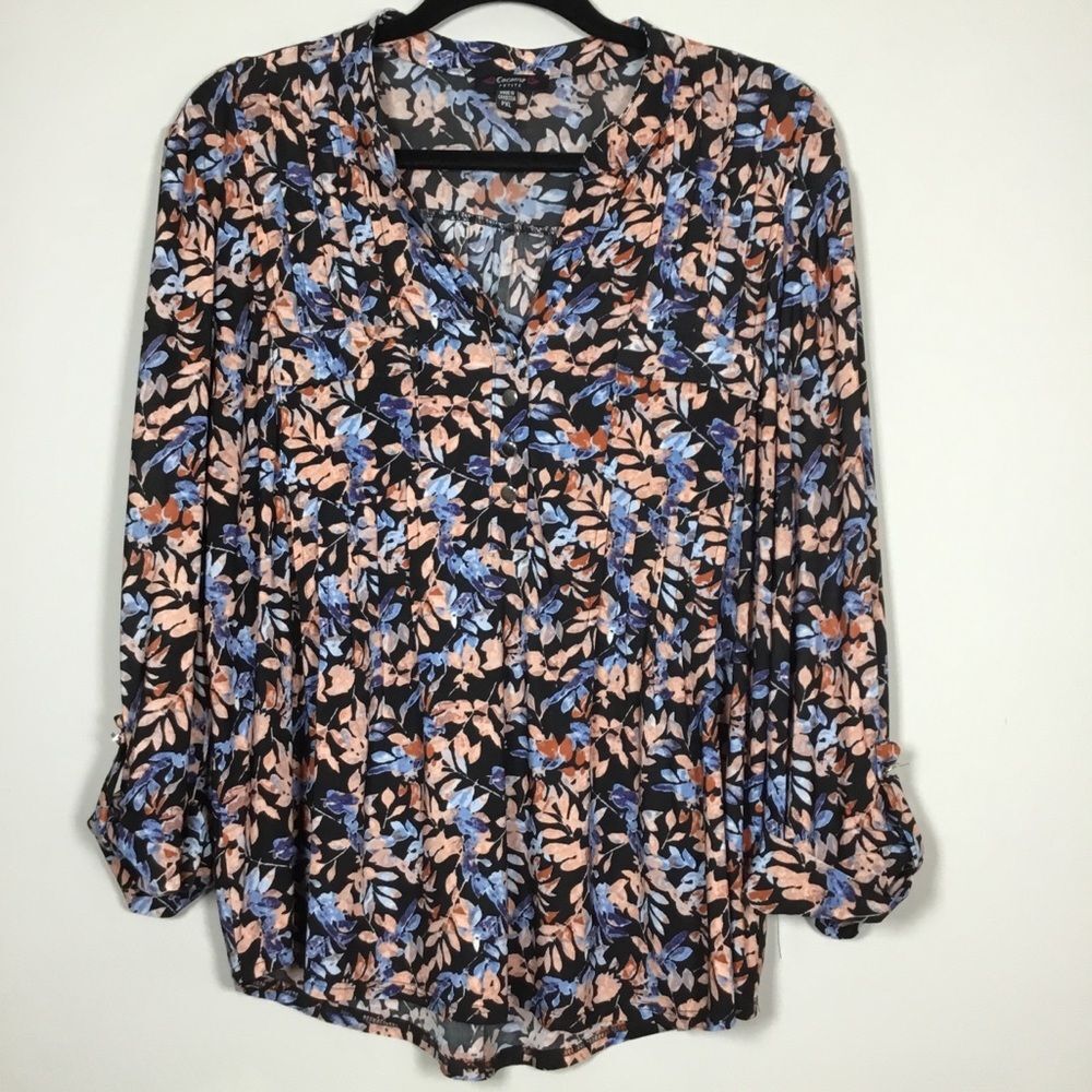 Black blouse with peach and blue leaf pattern 3/4 length sleeve soft size PXL